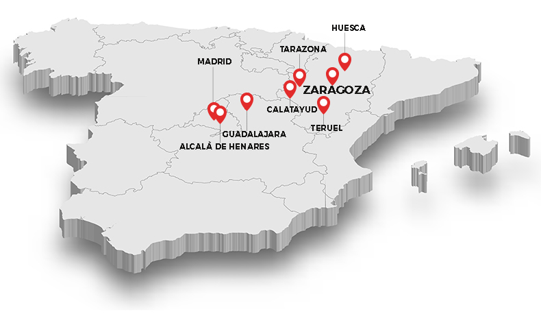 Mapa de zonas de trabajo Caminos al Cielo: Zaragoza, Madrid, Guadalajara, Alcalá de Henares, Calatayud, Tarazona y Huesca